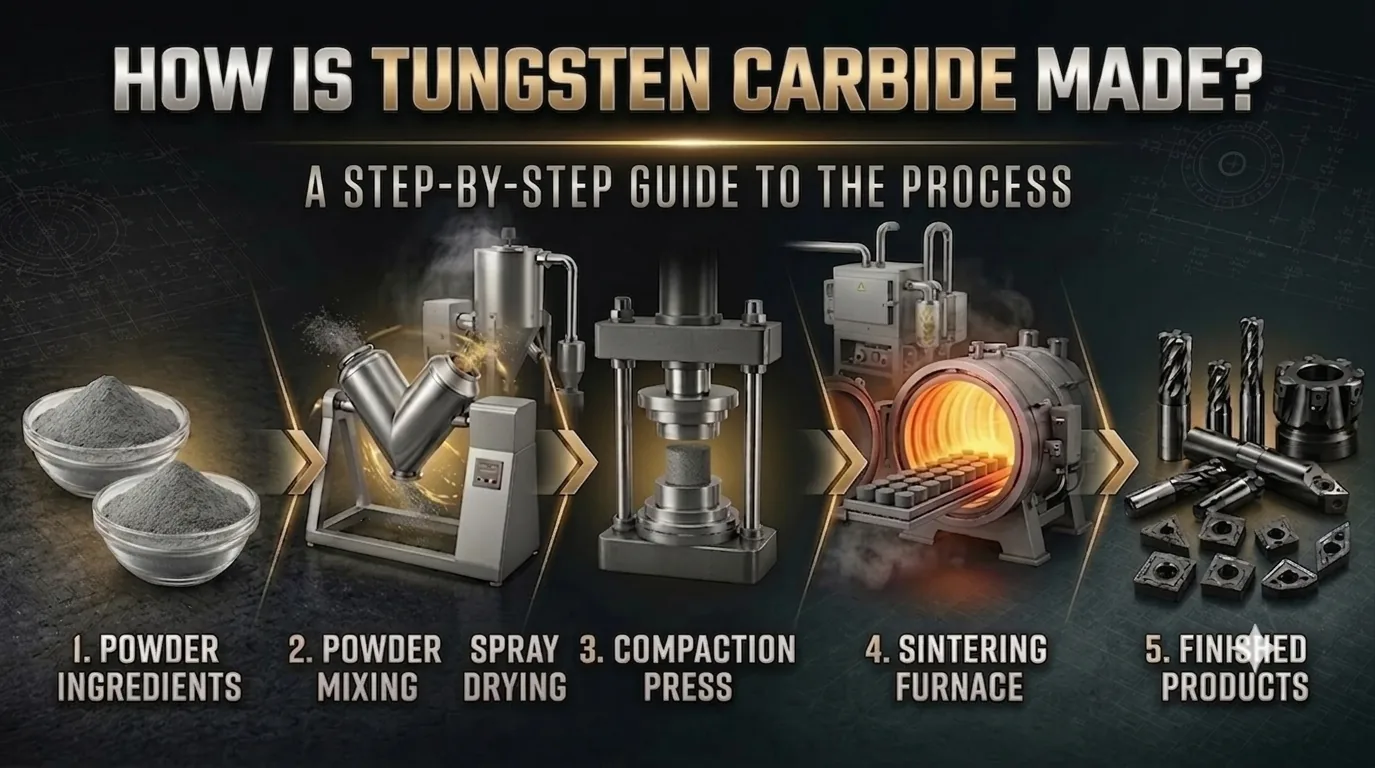 How tungsten carbide is made: powder ingredients, mixing, spray drying, compaction pressing, sintering and finished carbide products