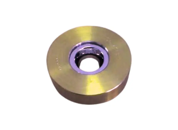 A single cased wire drawing die with a brass-colored steel jacket and a highly polished cemented carbide or PCD insert core for metal wire reduction.