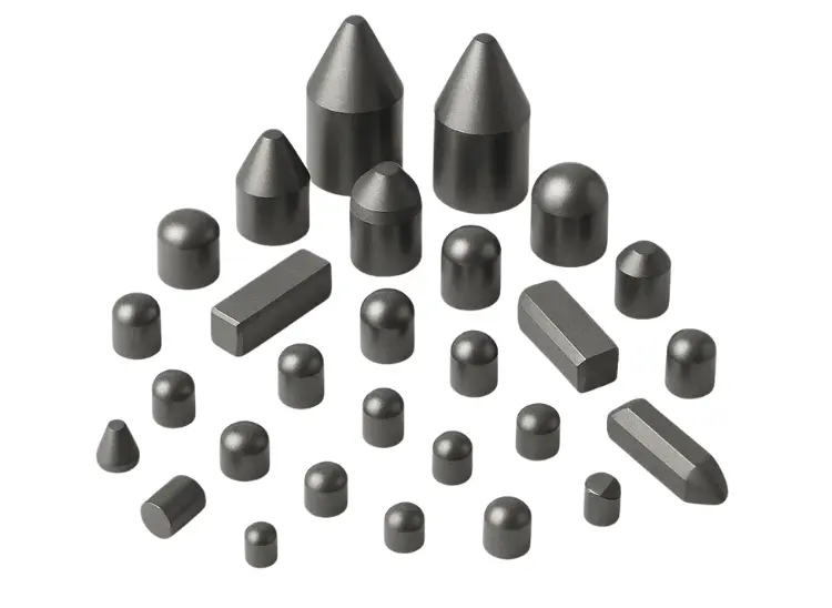 A variety of tungsten carbide buttons and inserts for mining, drilling, and excavation.
