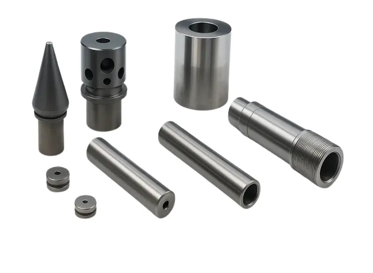 Tungsten carbide valve components, including a flow control cage and plugs, designed for pressure management in oil and gas applications.