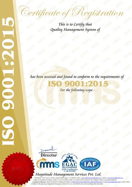 ISO 9001:2015 Certificate of Registration issued to Sonani Industries Private Limited for the manufacturing of tungsten carbide powders, sintered parts and finished wear parts