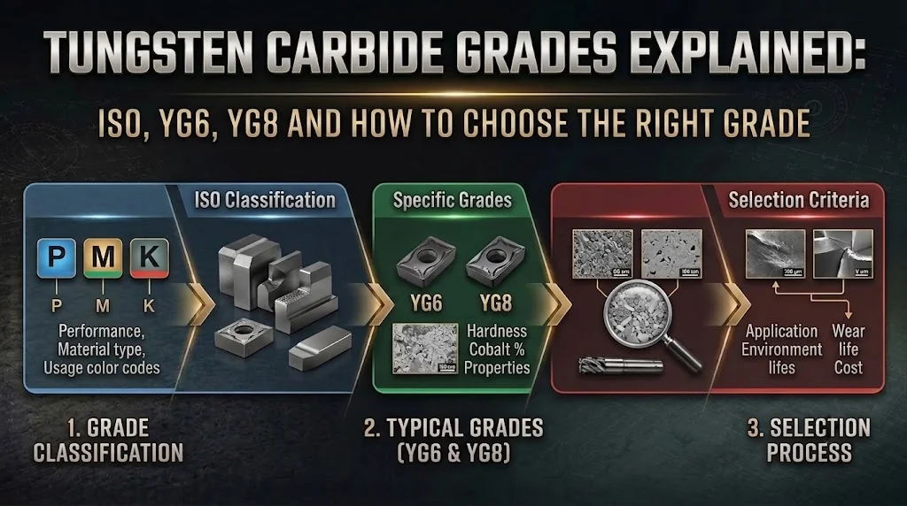 Tungsten carbide grades explained infographic: ISO P, M and K grade classification, typical grades YG6 and YG8, and the grade selection process