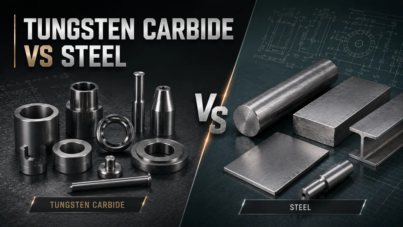 Tungsten carbide vs steel comparison: tungsten carbide rings, rods and inserts shown beside steel bar stock, illustrating the difference in hardness, wear resistance and cost between the two materials