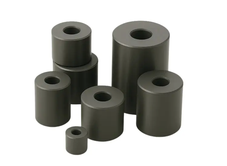 A group of precision tungsten carbide bushes with a central hole, used for guiding wires and shafts in industrial machinery.