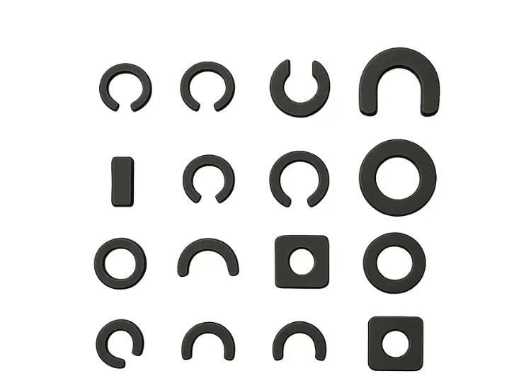 A variety of custom tungsten carbide wear parts, including C-rings and flat inserts for mechanical seals and bushings.